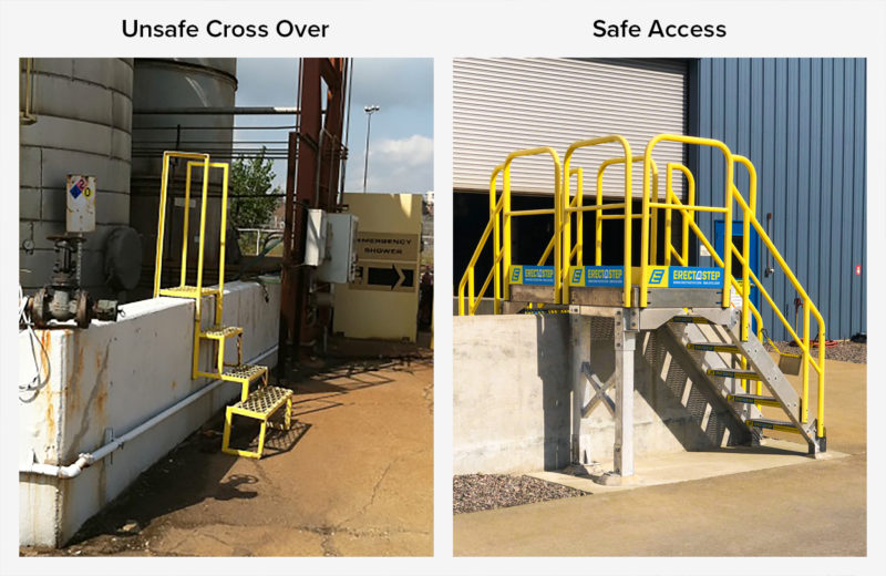 A before and after image of an access point on a jobsite; the first image shows a smaller, less stable stair and platform, the second shows the newly installed Erectastep system