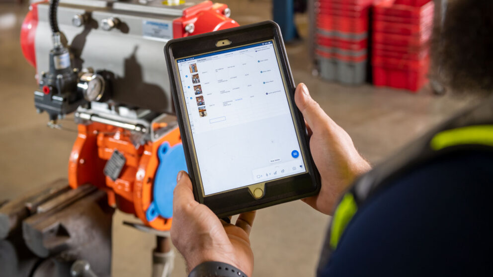 Valve automation and flow control quality assurance data on a tablet in a Ferguson facility.