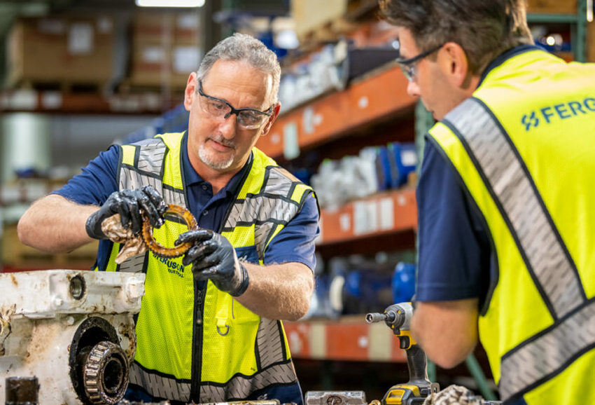 Ferguson Industrial experts onsite at a flow control plant troubleshooting an issue with a valve assembly.