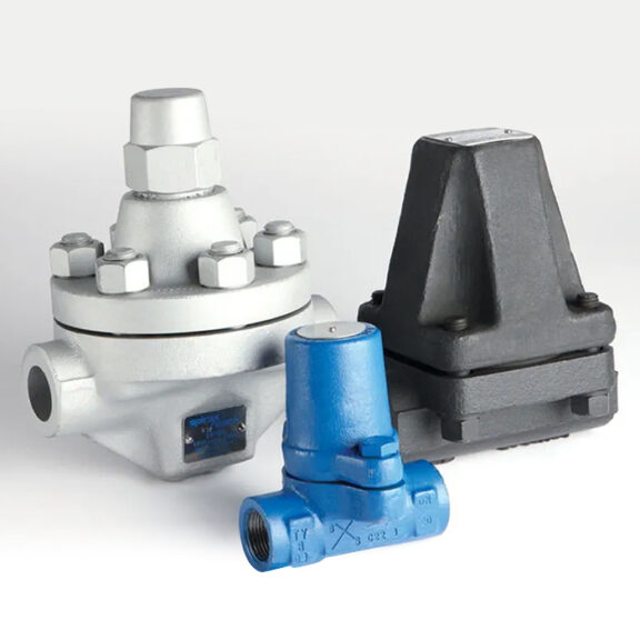 Various steam traps for different industrial applications.