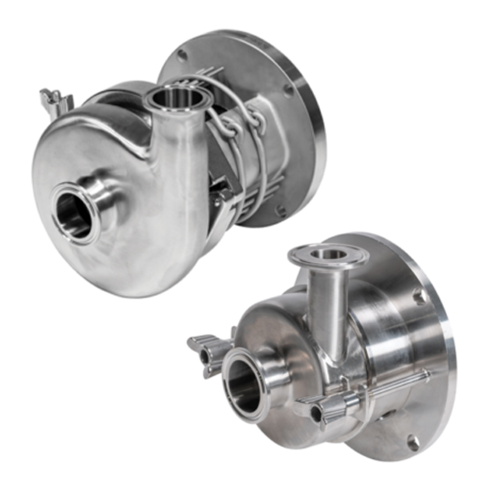 Stainless steel centrifugal pumps and parts for sanitary processes.