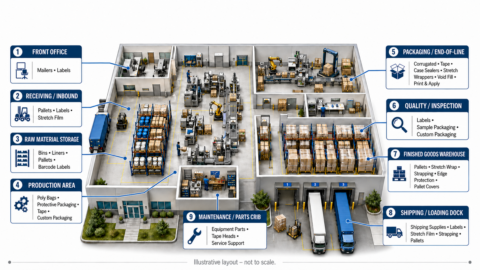 Packaging solutions identified in a manufacturing facility.